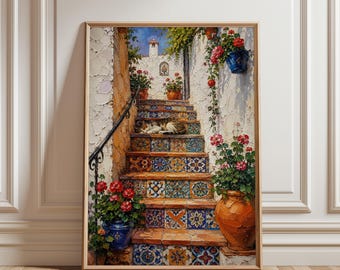 Mexikanische Treppen-Wandkunst, orangefarbener Treppendruck, Talavera-Dekor, Impasto-Ölgemälde, Sommertreppe, Küchenecken-Dekor, gemusterte Fliesen, schlafende Katze