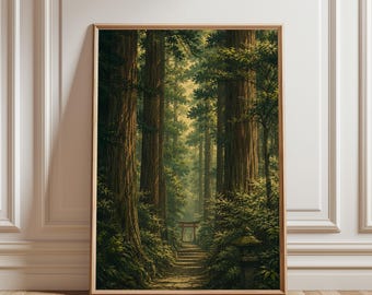 Arte de parede vintage japonesa com tema de floresta, xilogravura, inspirada na obra "Caminho para Nikko" de Kawase Hasui, decoração japonesa (Japandi), arte botânica para parede.
