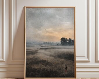 Minimalistisches japanisches Wiesen-Wandbild, Zen-Nebellandschaft, Wabi-Sabi-Kunstdruck im Hochformat, signiert, ungerahmt