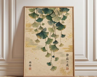 Arte de parede com folhas de ginkgo, pôster botânico japonês, impressão em tons de azul-petróleo e dourado, decoração elegante para sala de estar ou sala de meditação, folhagem azul-petróleo