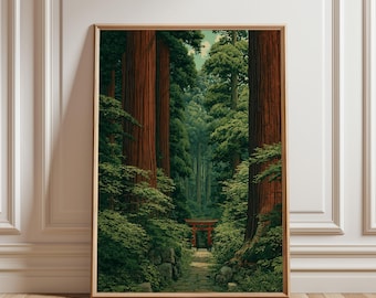 Vintage japansk skogsväggkonst, fridfull japansk skogsaffisch, stillsam naturtryck, meditationsrumsdekor, ram ingår ej