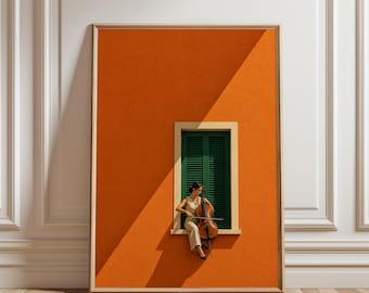 Elegantes Wandbild mit Cellospieler, Poster in warmem Orange-Stuck, mediterraner Druck, künstlerische Wohnzimmerdekoration, Sammlerstück
