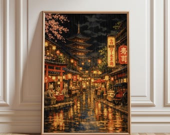 Poster mit regnerischer japanischer Gasse in Kyoto bei Nacht, japanische Filmkunst, urbanes japanisches Stadtbild, japanische Wandkunst, Wabi-Sabi-Dekor