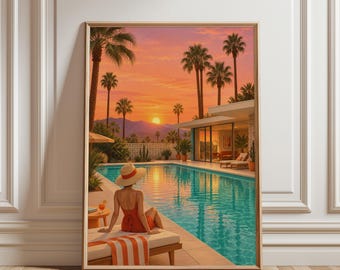 Arte de parede para piscina em estilo meados do século XX, pôster de pôr do sol sereno, estampa tropical moderna, decoração elegante para sala de estar ou banheiro, quarto com tema litorâneo
