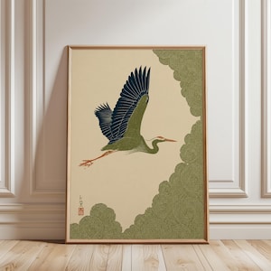 Flying Crane Wall Art, Minimalist Crane Poster,Japanese Crane in Swirling Cloud Skies, Woodblock-Style Poster, Tranquil Nature Print