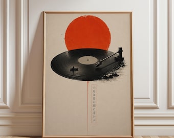 Surreale Vinyl-Schallplatten-Wandkunst, Poster mit japanischer roter Sonne, minimalistischer Landschaftsdruck, Wohnzimmerdekoration