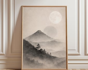 Wandbild mit dem Berg Fuji, minimalistische Zen-Wandkunst, Landschaftsmotiv im Tusche-Sumi-e-Stil, Naturkunst mit Mond und Nebel, Wabi-Sabi-Dekor, ungerahmtes Poster