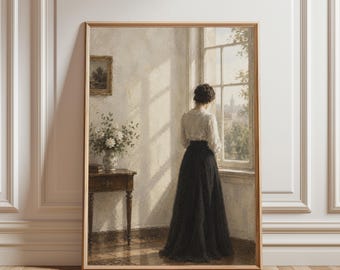 Quadro de parede com mulher junto à janela, pôster vintage para interiores, estampa serena e ensolarada, decoração elegante para sala de estar ou quarto, estilo campestre francês.
