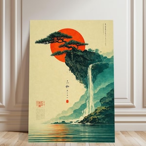 Japanese Sunset Waterfall Wall Art Poster, Wabi Sabi Cliff Pine Landscape Print, Unframed Zen Nature Decor,Zen Waterfall Landscape