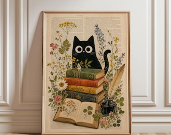 Wandbild mit schwarzer Katze, Poster mit Vintage-Büchern und Blumen, verspielter Cottagecore-Druck, Dekoration für gemütliche Leseecke oder Hausbibliothek, offenes Buch