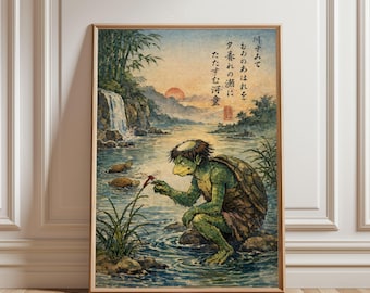 Japanisches Kappa-Ukiyo-e-Kunstposter, mythische Flussgeistlandschaft, traditionelle Yokai-Wandkunst, Wabi-Sabi-Ästhetikposter, ohne Rahmen