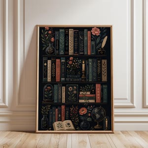 Dark Vintage Library Poster,Book Art,Reading Poster,Book Lovers Gift,Reading Gift,Antique Wall Art,Retro Book Lovers,Vintage Botanical Print