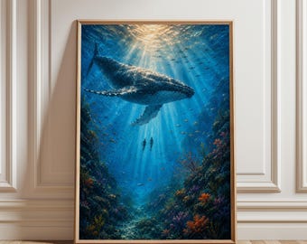 Wandbild mit Buckelwal, Unterwasser-Poster, Kunstdruck mit Korallenriff-Motiv, Dekoration für Wohnzimmer oder Kinderzimmer im Küstenstil, Geschenk für Meeresliebhaber