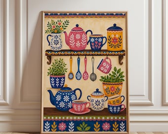 Bunte Küchenutensilien-Wandbilder, Küchendeko, Blumenposter, Boho-skandinavische Deko, Küchenposter, Utensilien und Blumen, Gemütliche Esszimmerdeko