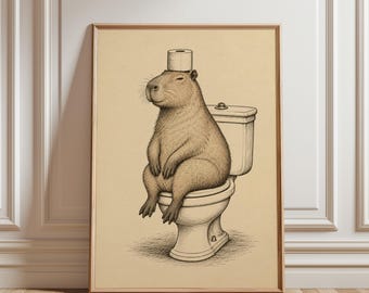 Arte de parede divertida com capivara, pôster vintage de animal, estampa engraçada para banheiro, decoração original para lavabo eclético, apartamento boho