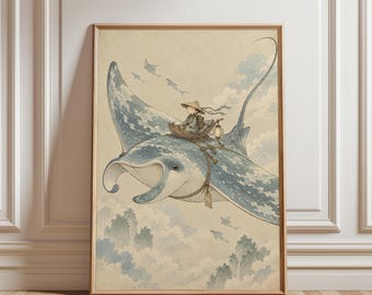 Arte de parede com arraia-manta, pôster de fantasia encantador, estampa de céu onírico, decoração para quarto de bebê ou infantil, ilustração de aventura suave.