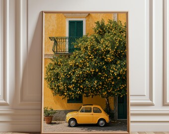 Lámina decorativa de pared con diseño de limonero mediterráneo, póster de coche vintage, decoración de verano italiana, fotografía de viajes a la Costa Amalfitana, cocina y comedor.