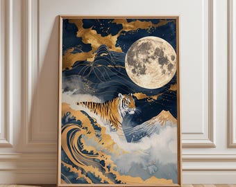 Pôster de arte de parede japonesa Tigre Lua Dourada sem moldura, poderosa arte animal Wabi Sabi, paisagem Zen de ondas noturnas, decoração asiática para casa