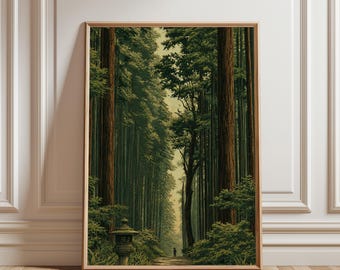 Pôster vintage japonês de floresta, arte em xilogravura, impressão de natureza tranquila, decoração para sala de estar, tons terrosos, moldura não incluída.