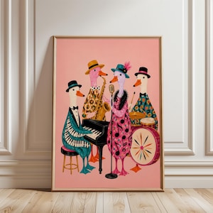 Jazz Duck Band Wall Decor, Vintage Whimsical Musicians Poster, Colorful Print for Creative Studio or Nursery Decor, Modern nursery