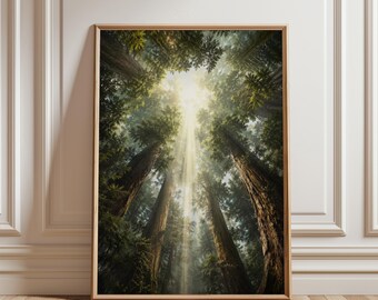 Wandbild mit Waldkronenmotiv, Poster mit ruhiger Waldlandschaft, ätherischer Naturdruck, Dekoration für Meditationsraum oder rustikale Hütte, hoch aufragende Bäume