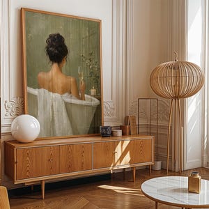 Woman in Bathtub Wall Art, Luxe Champagne Poster, Serene Bath Print, Modern Bathroom Decor, Back View, Champagne Flute, Sage Green image 4