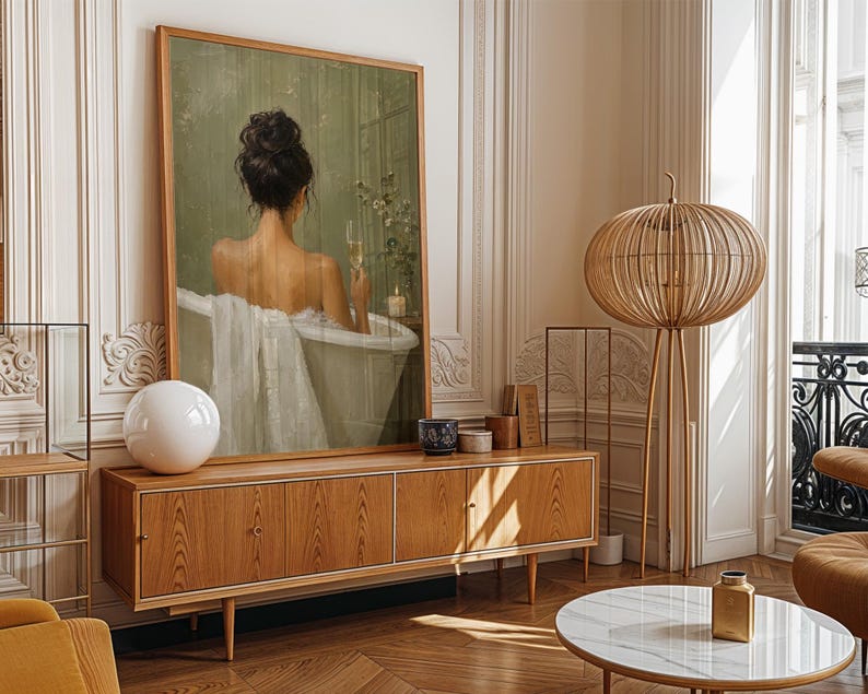 Woman in Bathtub Wall Art, Luxe Champagne Poster, Serene Bath Print, Modern Bathroom Decor, Back View, Champagne Flute, Sage Green image 4
