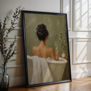 Woman in Bathtub Wall Art, Luxe Champagne Poster, Serene Bath Print, Modern Bathroom Decor, Back View, Champagne Flute, Sage Green image 5