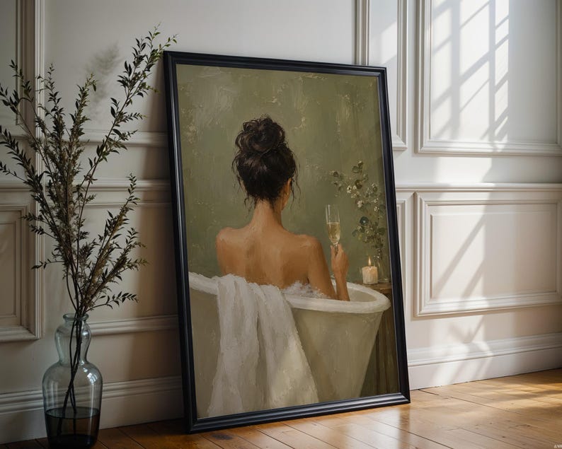 Woman in Bathtub Wall Art, Luxe Champagne Poster, Serene Bath Print, Modern Bathroom Decor, Back View, Champagne Flute, Sage Green image 5