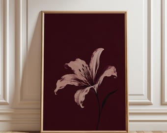 Lily Wall Art,Elegant Brushstroke Lily Poster,Minimal Floral Art Print, Dark Red Lily Wall Art, Botanical Nature-Inspired Home Decor