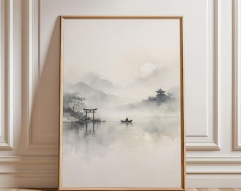 Minimalistisches japanisches Nebellandschaftsposter ohne Rahmen, Zen-Aquarell-Wandkunst, ruhige Seelandschaft, Wabi-Sabi-Japandi-Dekoration