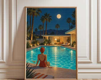 Arte de parede para piscina em noite tropical, pôster glamoroso com cena à beira da piscina, impressão moderna e serena para casa, decoração sofisticada para quarto, sala de estar moderna