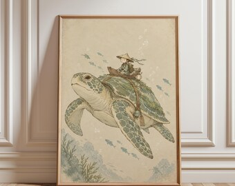 Arte de parede de tartaruga marinha gigante, pôster de fantasia subaquática lúdica, impressão de criança sonhadora a cavalo, decoração serena para quarto de bebê ou sala de jogos, peixinhos