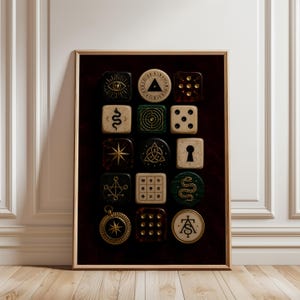 May include: A framed wall art piece featuring a grid of fifteen square and circular tiles with various symbols including an eye, a snake, a star, a keyhole, a labyrinth, and geometric patterns in black, cream, green, and brown tones.