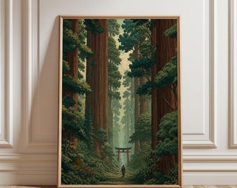 Pôster vintage de floresta japonesa, inspirado em "A Estrada para Nikko" de Kawase Hasui, decoração japonesa, arte botânica para parede, impressão de paisagem tranquila.