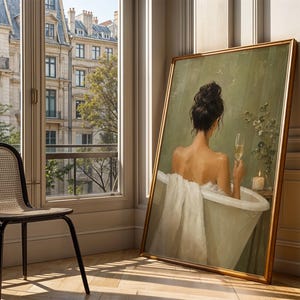 Woman in Bathtub Wall Art, Luxe Champagne Poster, Serene Bath Print, Modern Bathroom Decor, Back View, Champagne Flute, Sage Green image 3