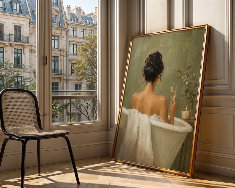 Woman in Bathtub Wall Art, Luxe Champagne Poster, Serene Bath Print, Modern Bathroom Decor, Back View, Champagne Flute, Sage Green image 3