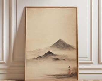 Minimalistisches japanisches Berglandschaftsposter, Zen-Sumi-Tuschemalerei, Wabi-Sabi-Kunstdruck im Hochformat, signiert und ungerahmt