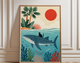 Whale Shark Wall Art, Playful Ocean Scene Poster, Tropical Cat Illustration Print, Kids Room Decor or Nursery Gift, Playful office