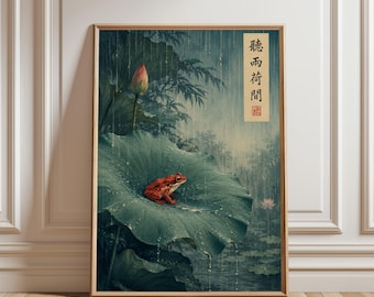 Wandbild „Roter Frosch“, Poster mit japanischem Lotusblattmotiv, Naturmotiv, Wohnzimmerdekoration, Grüner Lotus, Ruhiges Wasser, Rahmen nicht enthalten