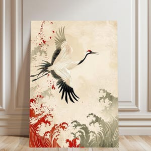 Japanese Crane Wall Art Print, Red Sun and Waves Poster, Wabi Sabi Asian Decor, Unframed Vertical Art Poster