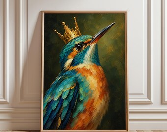 Decoração de parede vibrante com pássaros, pôster Coroa Real Azul-petróleo, impressão artística de penas em estilo pictórico para quarto eclético ou escritório glamoroso, presente para amantes de pássaros
