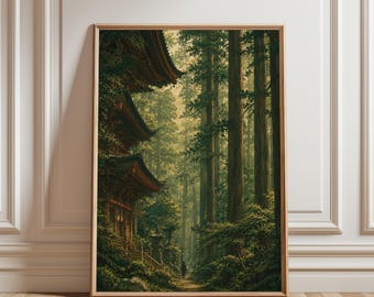 Pôster vintage de floresta japonesa, inspirado em "A Estrada para Nikko" de Kawase Hasui, decoração japonesa (Japandi), arte botânica de parede, arquitetura tradicional.