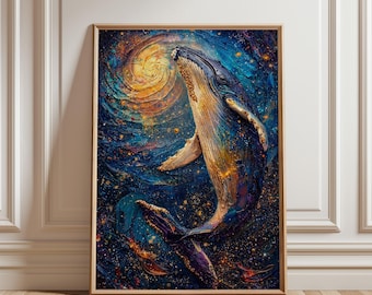 Kosmisches Wal-Wandbild, Fantasie-Druck „Himmlischer Ozean“, blau-goldene Meeresdekoration, surreale Illustration eines Sternenwals, Wanddekoration mit Meereskreaturen