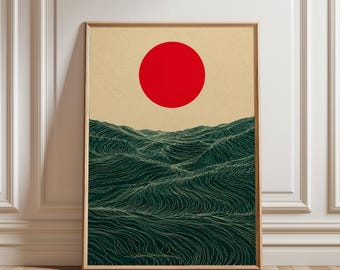 Lámina decorativa Sol y olas – Póster botánico minimalista moderno, obra de arte abstracta de estilo japonés, póster minimalista japonés de olas
