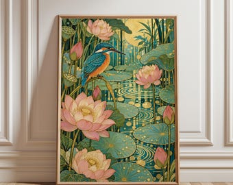 Arte de parede com martim-pescador, pôster botânico de flor de lótus, impressão Art Nouveau de lagoa, decoração serena para sala de estar, presente para amantes da natureza, folhas de lírio