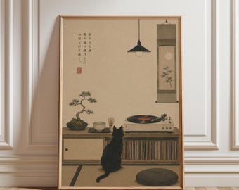 Vintage-Wandbild mit japanischem Katzen-Plattenspieler, Poster mit schwarzer Katze auf Vinylplatte, Kunst für Musikliebhaber, Katzenmusik-Druck, minimalistische Kunst, Plattenspieler-Poster