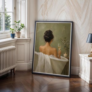 Woman in Bathtub Wall Art, Luxe Champagne Poster, Serene Bath Print, Modern Bathroom Decor, Back View, Champagne Flute, Sage Green image 2