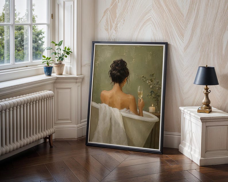 Woman in Bathtub Wall Art, Luxe Champagne Poster, Serene Bath Print, Modern Bathroom Decor, Back View, Champagne Flute, Sage Green image 2
