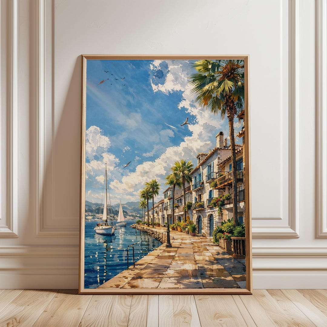 Mediterranean Harbor Wall Art Print, Coastal Seaside Poster, Sunny ...
